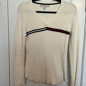 Tommy Hilfiger Women's V-Neck Sweater in Cream with Stripe Detail